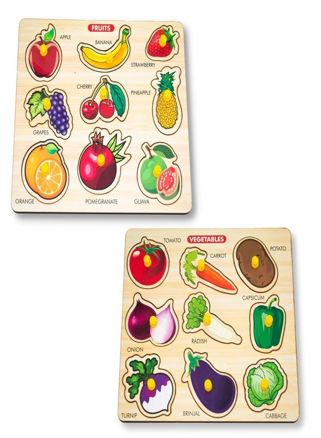 BuGBee Wooden Fruits & Vegetables Peg Puzzle Board | Montessori Learning Toys for Toddlers | Educational Wooden Puzzles for Kids 2-7 Years | Fine Motor Skills, Color & Shape Recognition Toy - Image 1